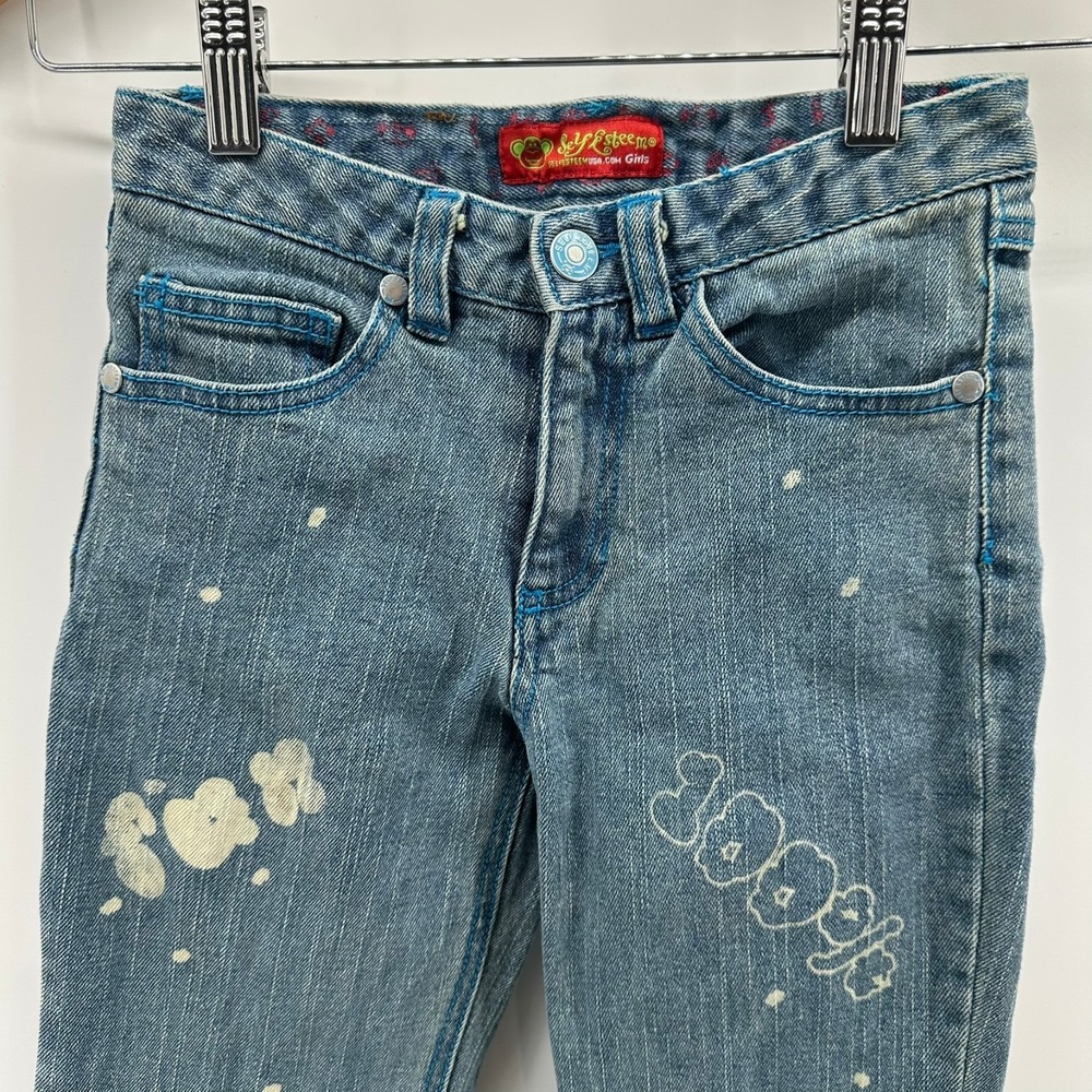 Self Esteem Jeans Girls 7 Blue Denim Graphic Straight Leg Stretch Mid Rise‎